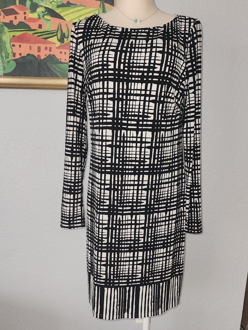 Vince Camuto Black and White Grid-Print Long Sleeve Sheath Dress